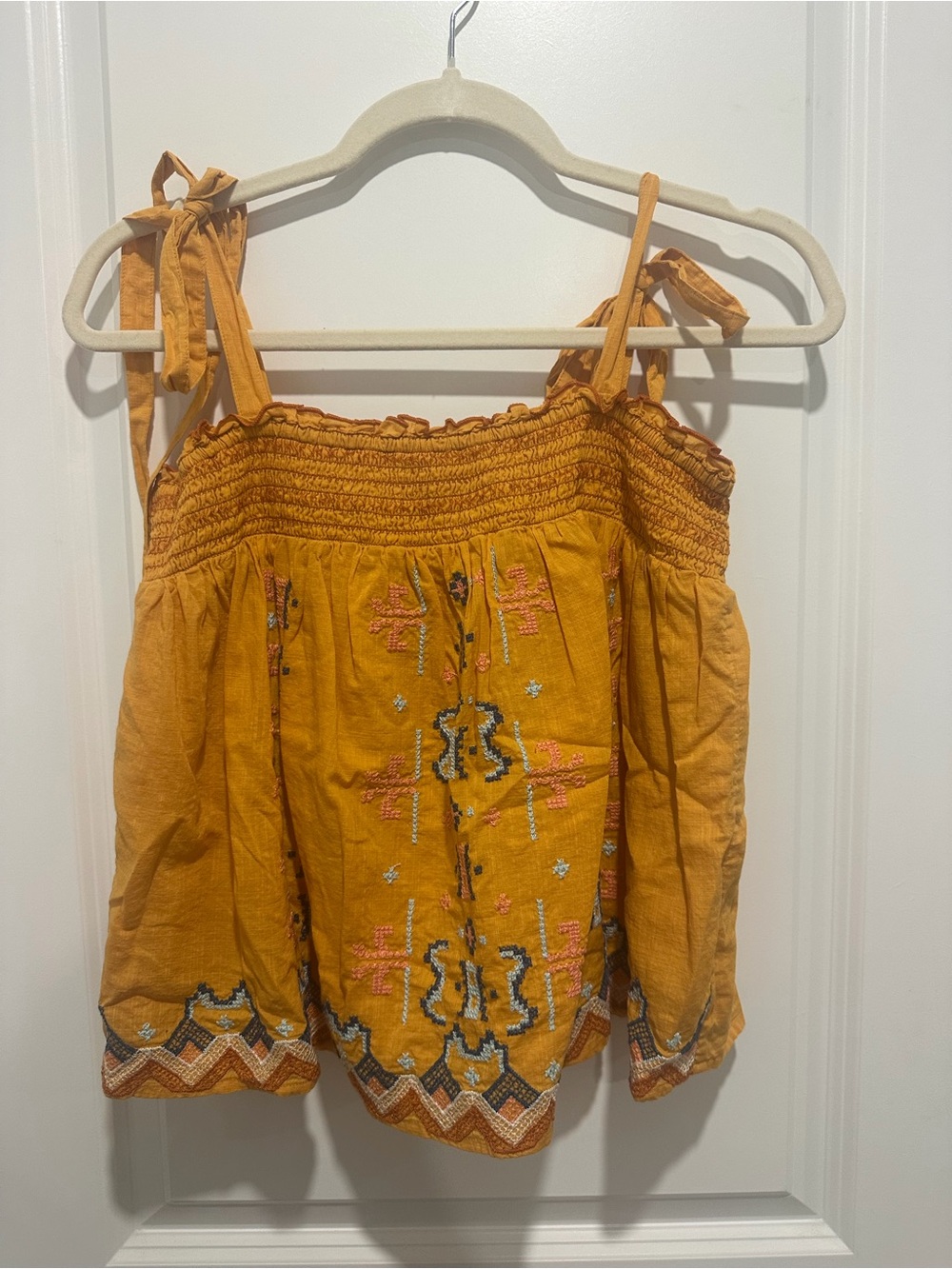 Anthropologie Mustard Embroidered Tie-Shoulder Camisole